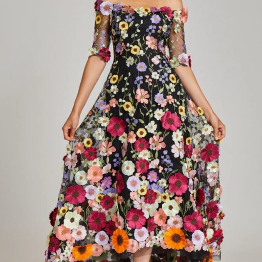 Teri Jon Rickie Freeman Floral Embroidered Dress